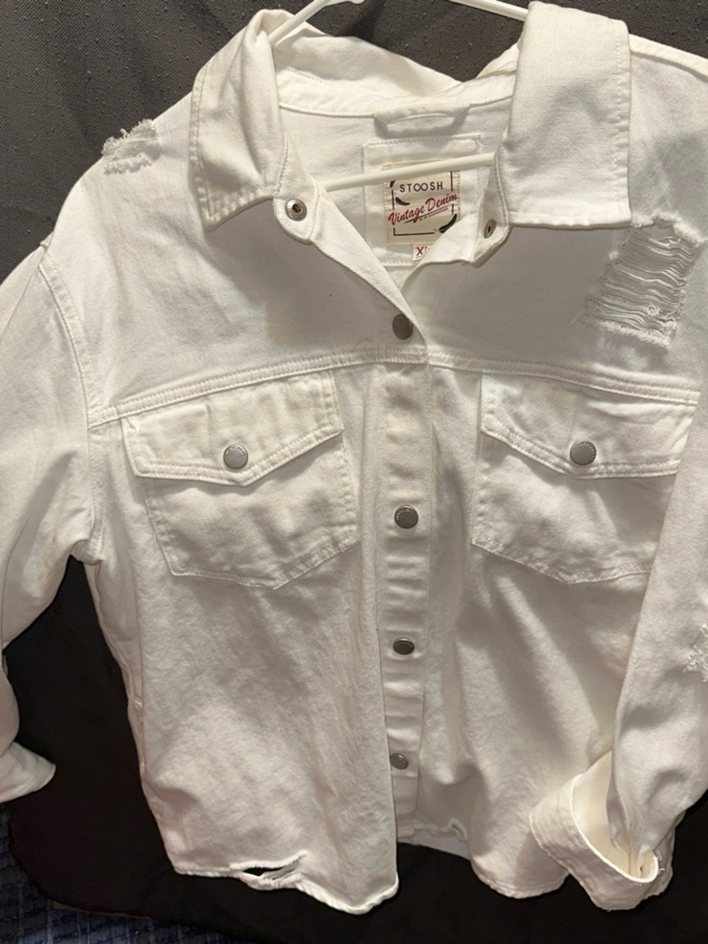 Stoosh White Distressed Denim Jacket - Women's Relaxed Fit